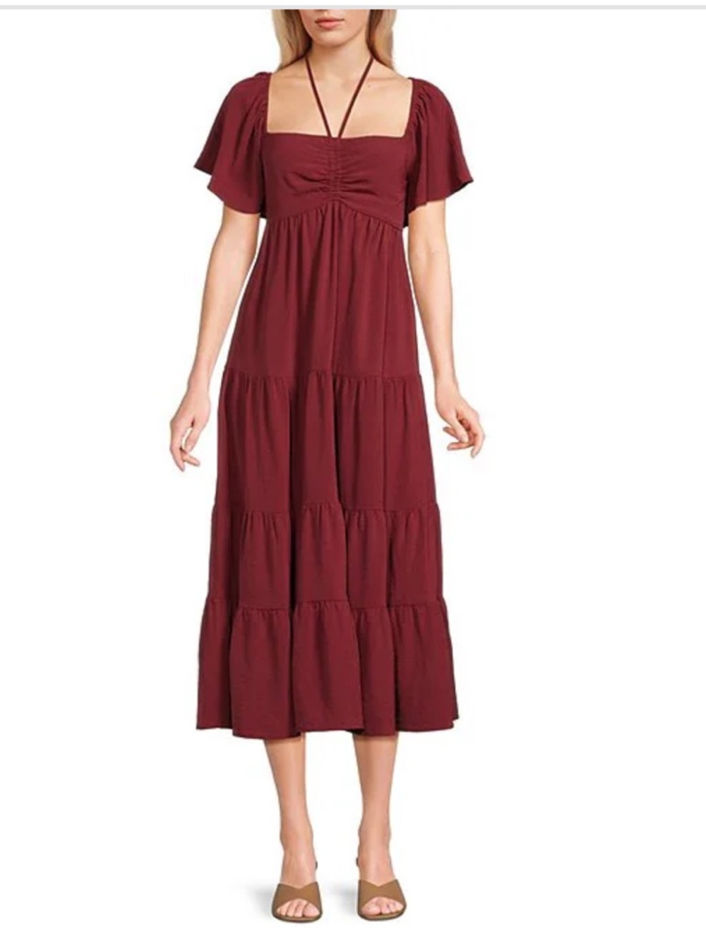 GB Burgundy halter Tie Neck Short Sleeve Tiered Maxi Dress